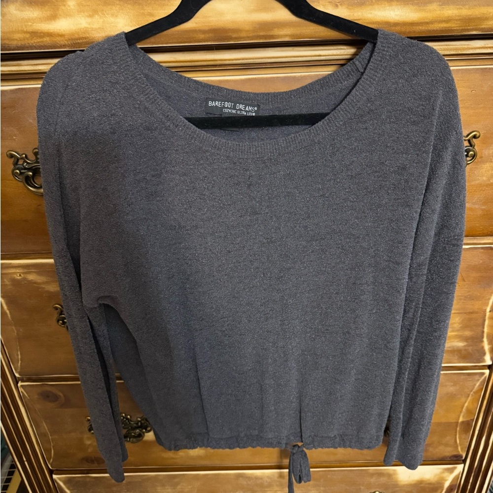 Barefoot Dreams CozyChic Lite Charcoal Pullover Sweater Drawstring Hem Small
